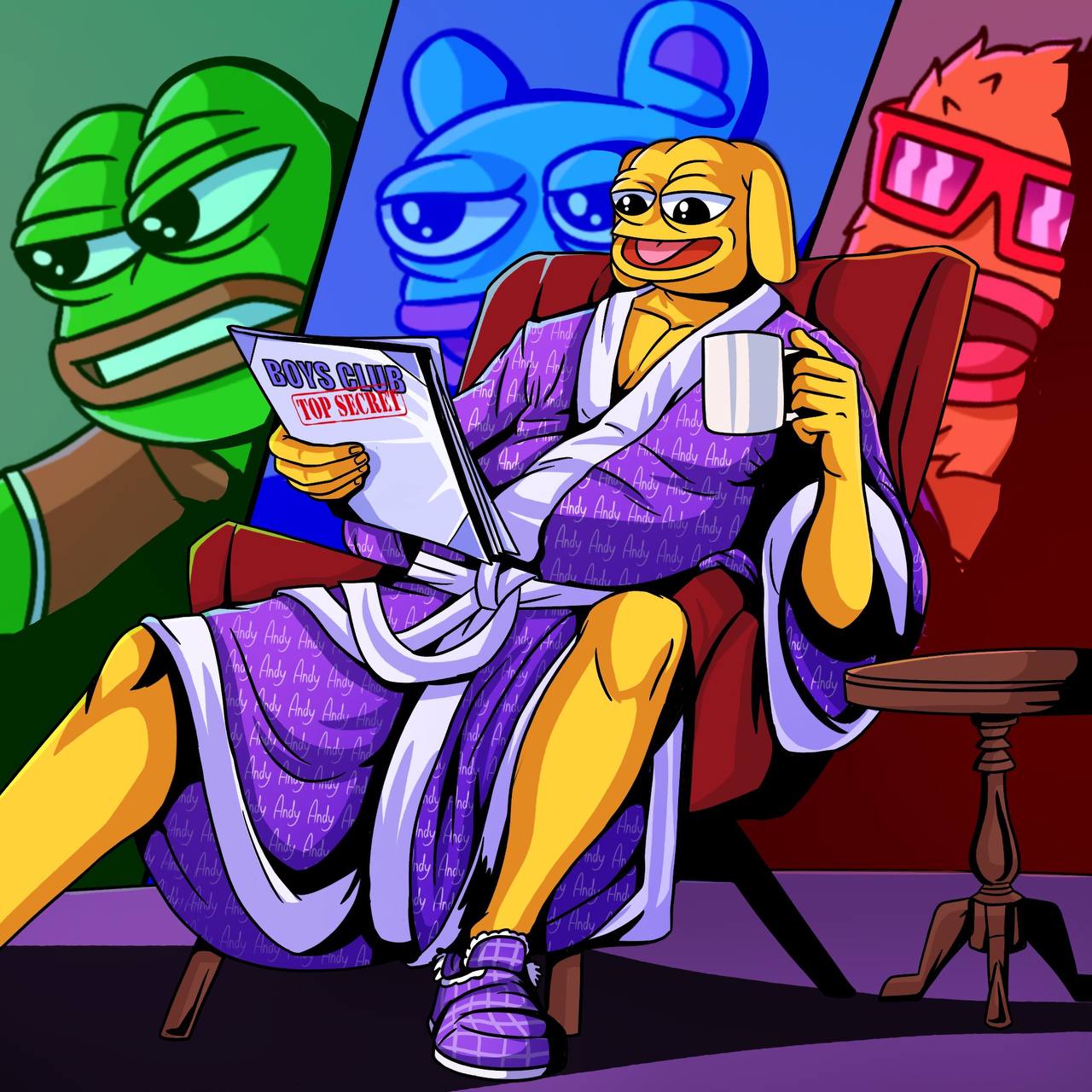 Andy in a robe reading a Boys Club Top Secret file with Pepe and friends